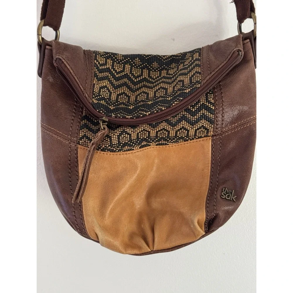 Vintage Y2K‎ The Sak Leather Crossbody Purse Brown Patchwork Boho Woven